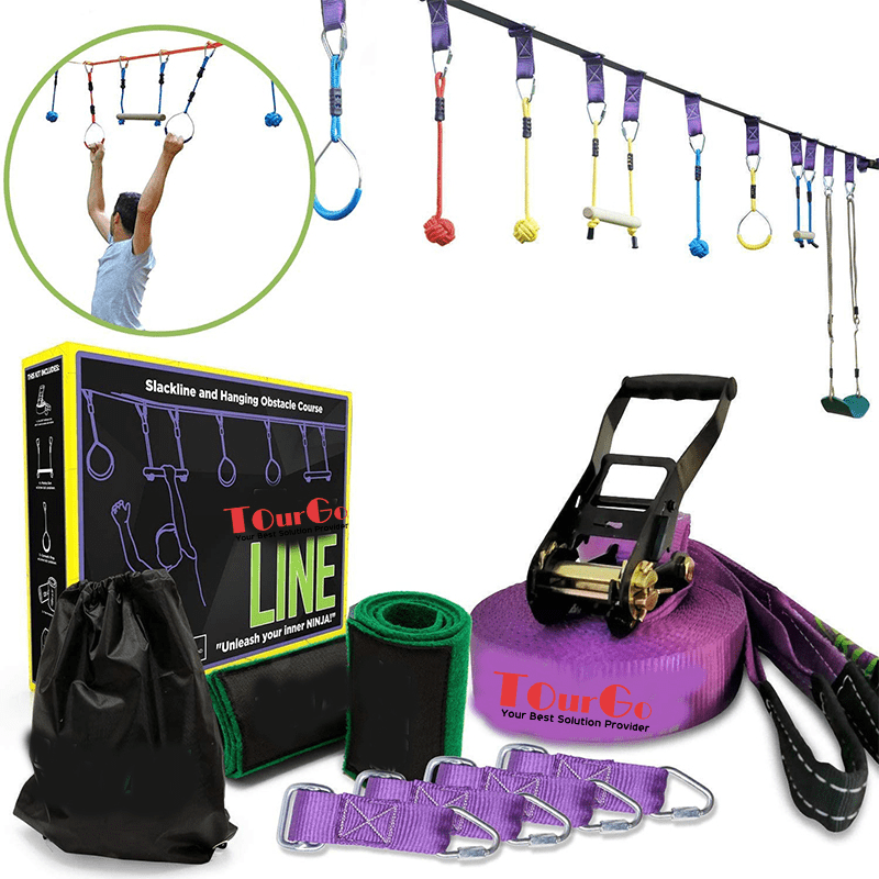 Outdoor Gym Rings Wood Monkey Bars Hanging Climbing Ladder Obstacle Course Set Ninja Slackline for Outdoor Backyard Kids