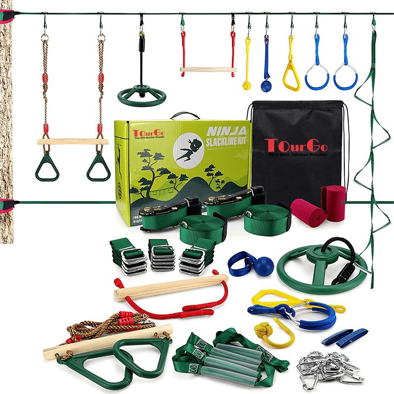 Ninja Warrior Obstacle Course 2 x 42′ Ninja Slackline with 9 Accessories for Kids