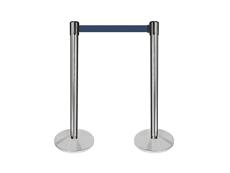 TourGo Polished Chrome Post, Crowd Stanchion Barriers , 2″ Wide, 10′ Length Dark Blue Belt (Set of 2)