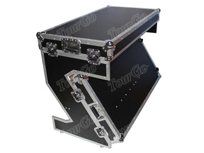 TourGo Folding Portable Z-Style DJ Redbull Flight Case Table with handles & wheels, Silver on Black