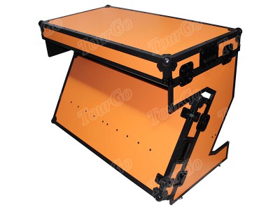 TourGo Folding Portable Z-Style DJ Table Flight Case with handles & wheels, Orange on Black