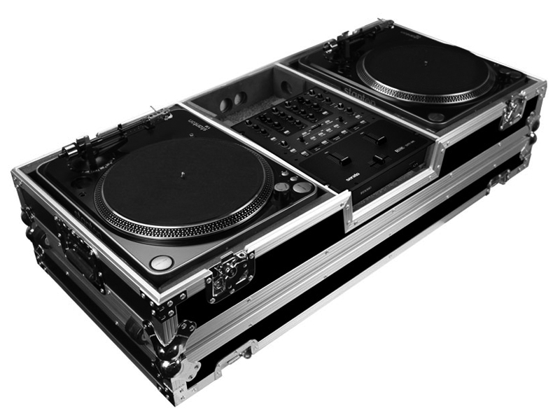 Turntable Coffin for 2 x Turntable in Battle Style Position with RANE Sixty-one Serato Mixer with Low Profile Wheels