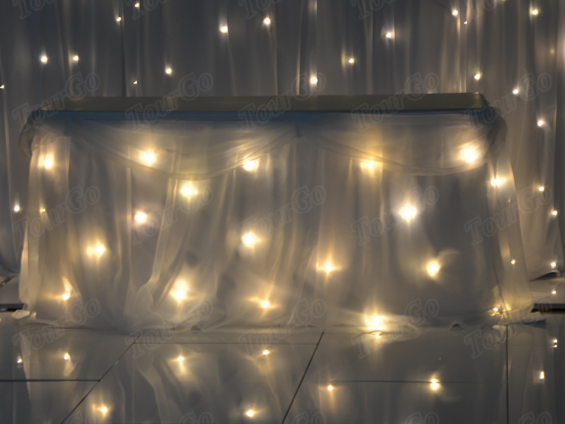 TourGo led chiffon wedding backdrop with white starlit table fabric