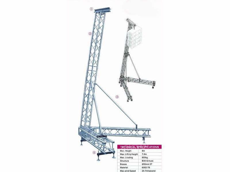 TourGo 8m Height Square Spigot Aluminum Line Array Speaker Truss Lift Tower for outdoor concert stage event