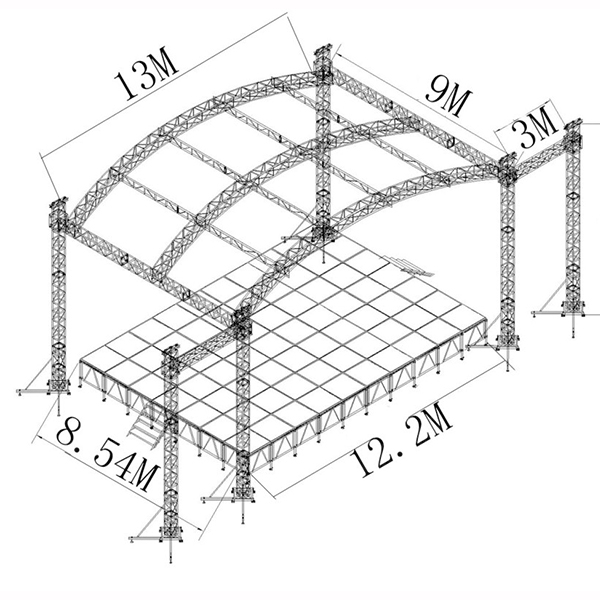 Tourgo 13X9X8m High Duty Performance Stage Equipment Aluminum Curved Roof Truss