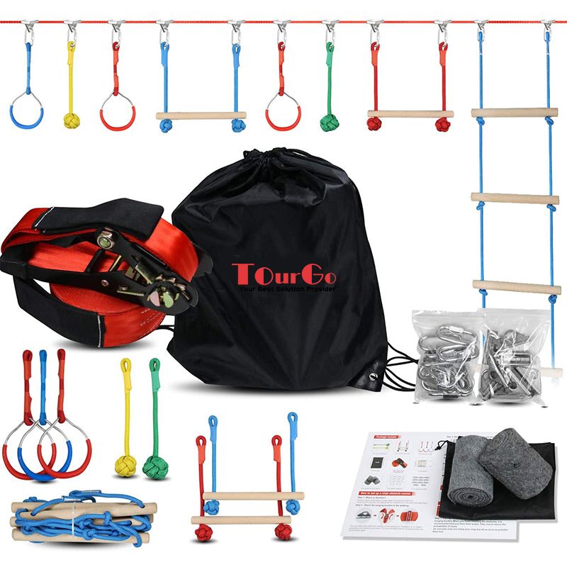 Outdoor Gym Rings Wood Monkey Bars Hanging Climbing Ladder Obstacle Course Set Ninja Slackline for Outdoor Backyard Kids